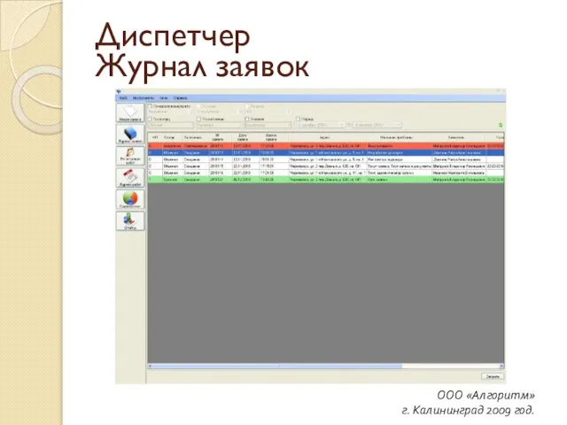 ООО «Алгоритм» г. Калининград 2009 год. Диспетчер Журнал заявок