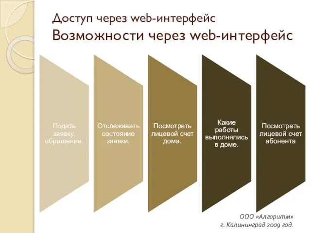 ООО «Алгоритм» г. Калининград 2009 год. Доступ через web-интерфейс Возможности через web-интерфейс