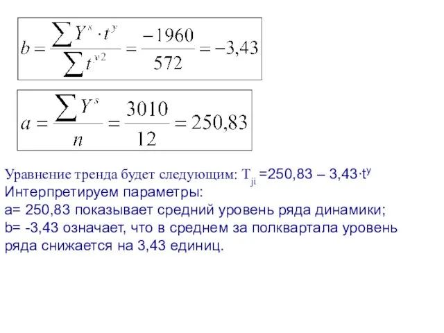 Уравнение тренда будет следующим: Tji =250,83 – 3,43∙ty Интерпретируем параметры: а= 250,83