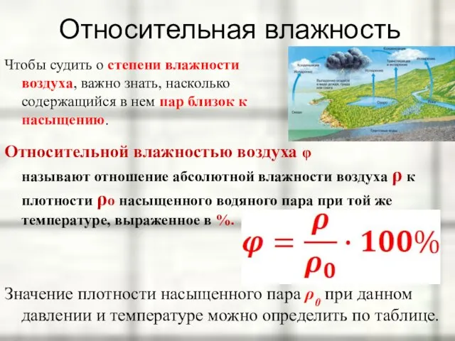 Относительная влажность Чтобы судить о степени влажности воздуха, важно знать, насколько содержащийся