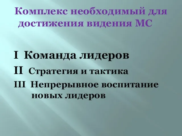 Комплекс необходимый для достижения видения МС I Команда лидеров II Стратегия и