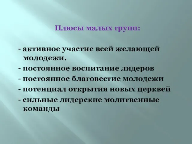 Плюсы малых групп: - активное участие всей желающей молодежи. - постоянное воспитание