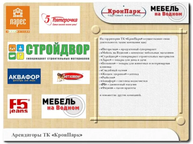 Текст Текст На территории ТК «КронПарк» осуществляют свою деятельность такие компании как: