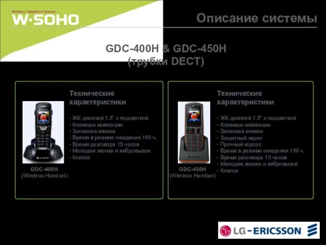 GDC-400H & GDC-450H (трубки DECT) Технические характеристики - ЖК дисплей 1.5” с