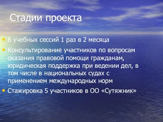 Стадии проекта 6 учебных сессий 1 раз в 2 месяца Консультирование участников