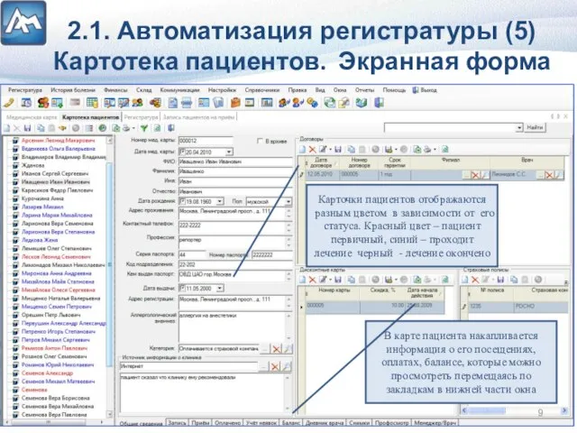 2.1. Автоматизация регистратуры (5) Картотека пациентов. Экранная форма Карточки пациентов отображаются разным