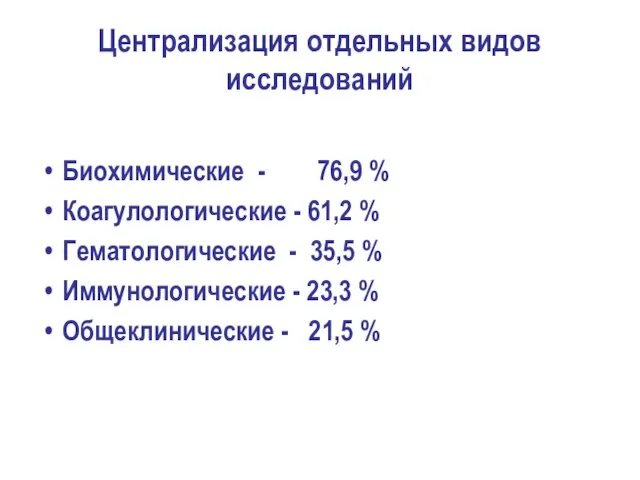 Централизация отдельных видов исследований Биохимические - 76,9 % Коагулологические - 61,2 %