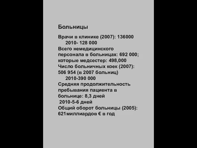 Больницы Врачи в клинике (2007): 136000 2010- 128 000 Всего немедицинского персонала