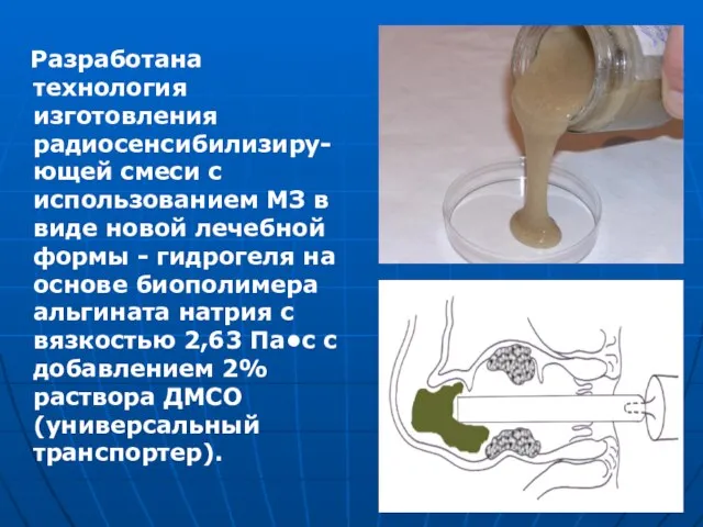 Разработана технология изготовления радиосенсибилизиру-ющей смеси с использованием МЗ в виде новой лечебной