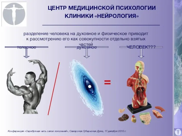 ЦЕНТР МЕДИЦИНСКОЙ ПСИХОЛОГИИ КЛИНИКИ «НЕЙРОЛОГИЯ» телесное духовное = разделение человека на духовное