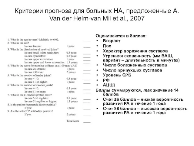 Критерии прогноза для больных НА, предложенные A. Van der Helm-van Mil et