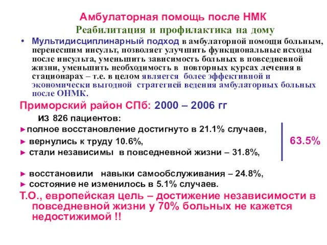 Амбулаторная помощь после НМК Реабилитация и профилактика на дому Мультидисциплинарный подход в