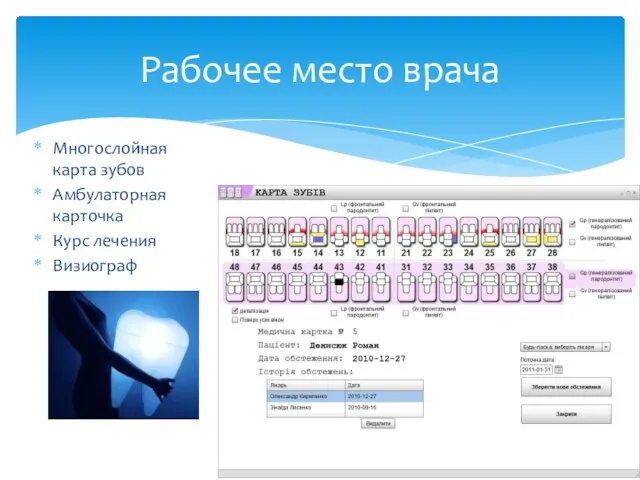Многослойная карта зубов Амбулаторная карточка Курс лечения Визиограф Рабочее место врача