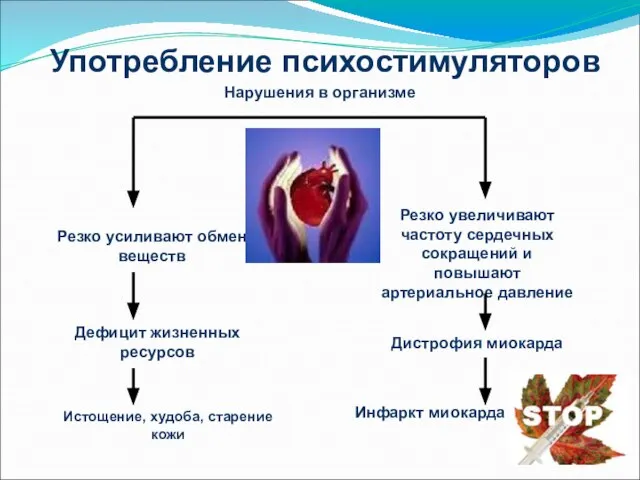 Употребление психостимуляторов Резко усиливают обмен веществ Дефицит жизненных ресурсов Истощение, худоба, старение