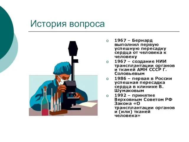 История вопроса 1967 – Бернард выполнил первую успешную пересадку сердца от человека