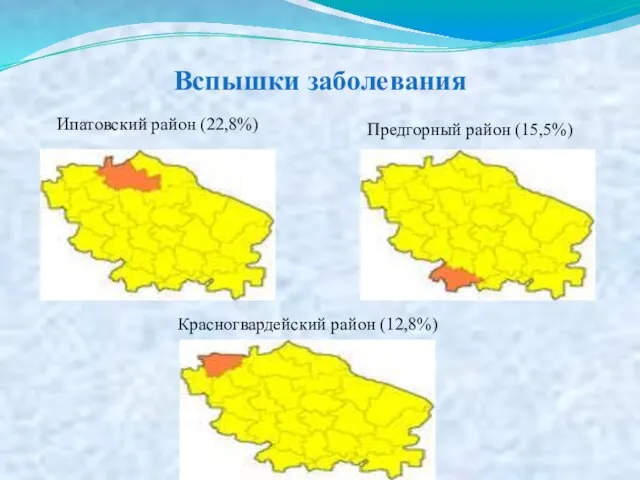 Вспышки заболевания Ипатовский район (22,8%) Предгорный район (15,5%) Красногвардейский район (12,8%)