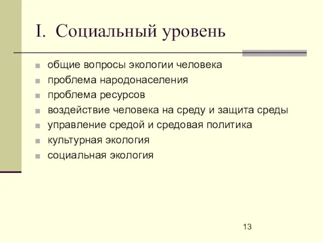 I. Социальный уровень общие вопросы экологии человека проблема народонаселения проблема ресурсов воздействие