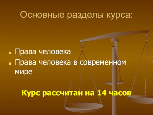 Основные разделы курса: Права человека Права человека в современном мире Курс рассчитан на 14 часов