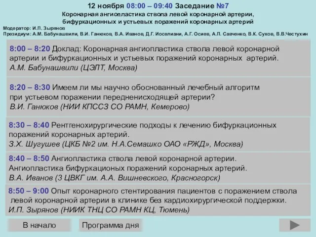 12 ноября 08:00 – 09:40 Заседание №7 Коронарная ангиопластика ствола левой коронарной