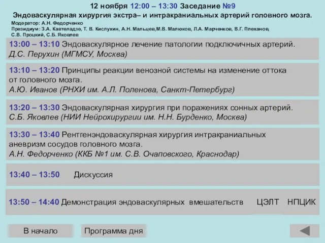 12 ноября 12:00 – 13:30 Заседание №9 Эндоваскулярная хирургия экстра– и интракраниальных