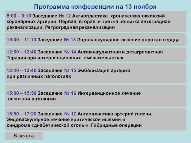 Программа конференции на 13 ноября 8:00 – 9:10 Заседание № 12 Ангиопластика