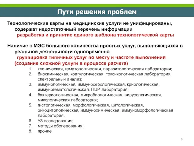 Пути решения проблем Технологические карты на медицинские услуги не унифицированы, содержат недостаточный