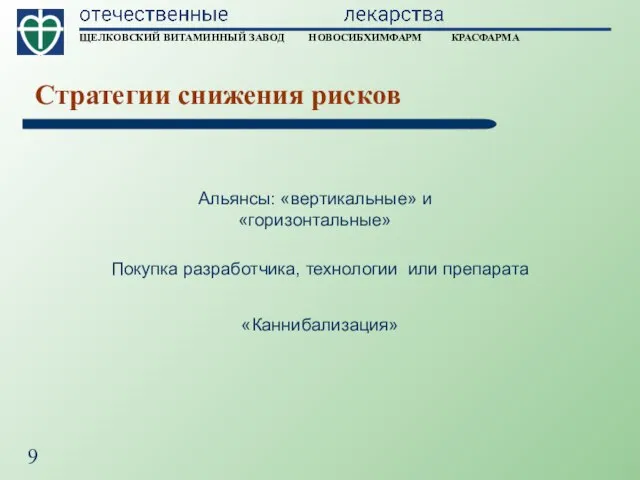 Стратегии снижения рисков Покупка разработчика, технологии или препарата «Каннибализация» Альянсы: «вертикальные» и «горизонтальные»