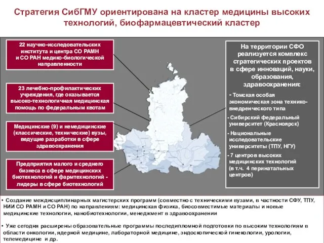 Стратегия СибГМУ ориентирована на кластер медицины высоких технологий, биофармацевтический кластер 22 научно-исследовательских