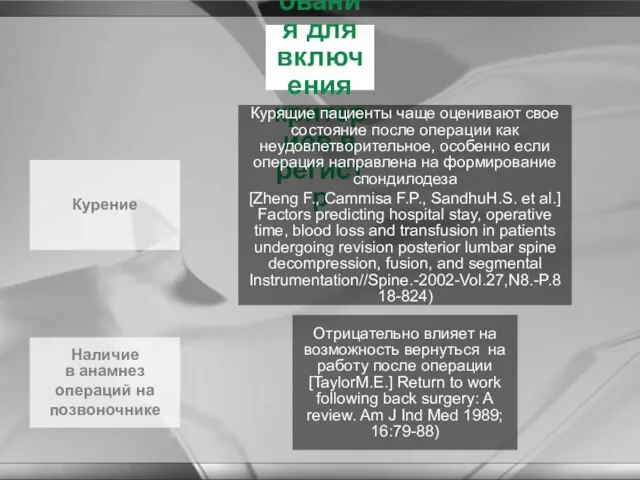 Пример обоснования для включения критериев в регистр Курящие пациенты чаще оценивают свое