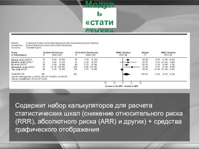 Модуль «статистика» Содержит набор калькуляторов для расчета статистических шкал (снижение относительного риска