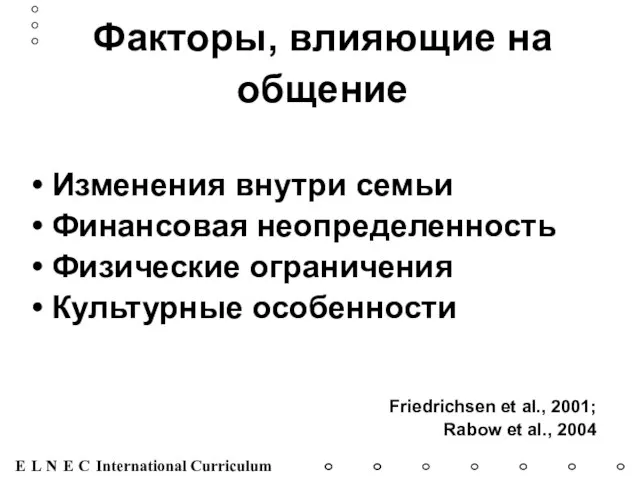 Факторы, влияющие на общение Изменения внутри семьи Финансовая неопределенность Физические ограничения Культурные