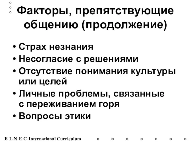 Факторы, препятствующие общению (продолжение) Страх незнания Несогласие с решениями Отсутствие понимания культуры