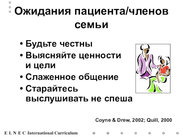 Ожидания пациента/членов семьи Будьте честны Выясняйте ценности и цели Слаженное общение Старайтесь