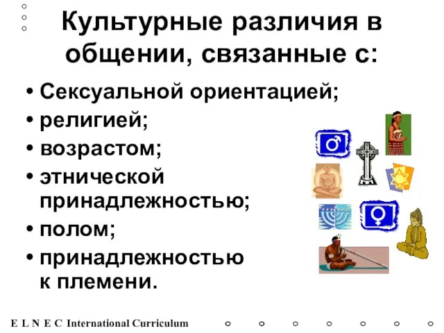 Культурные различия в общении, связанные с: Сексуальной ориентацией; религией; возрастом; этнической принадлежностью; полом; принадлежностью к племени.