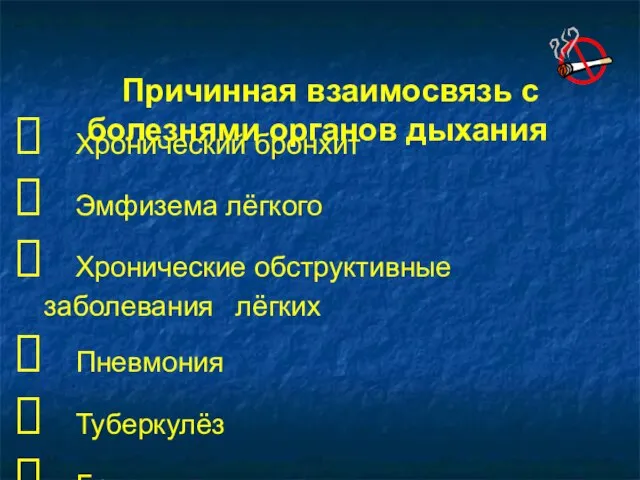 Хронический бронхит Эмфизема лёгкого Хронические обструктивные заболевания лёгких Пневмония Туберкулёз Бронхиальная астма