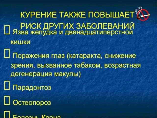 Язва желудка и двенадцатиперстной кишки Поражения глаз (катаракта, снижение зрения, вызванное табаком,