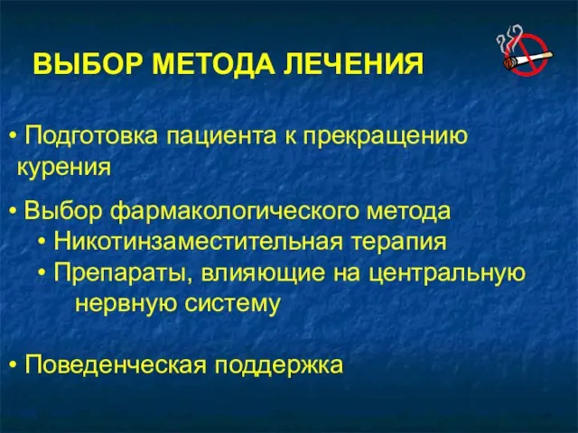 ВЫБОР МЕТОДА ЛЕЧЕНИЯ Подготовка пациента к прекращению курения Выбор фармакологического метода Никотинзаместительная