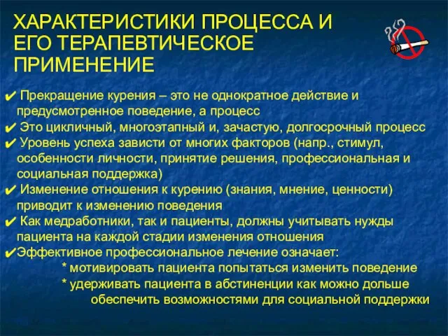 ХАРАКТЕРИСТИКИ ПРОЦЕССА И ЕГО ТЕРАПЕВТИЧЕСКОЕ ПРИМЕНЕНИЕ Прекращение курения – это не однократное