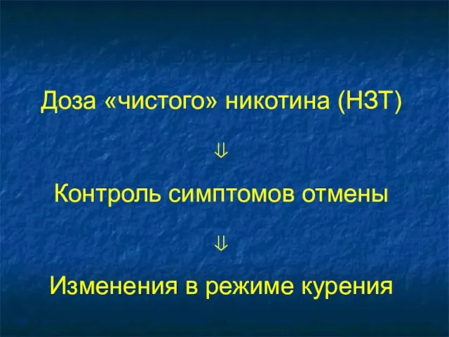 КАК ДЕЙСТВУЕТ НЗТ? Доза «чистого» никотина (НЗТ) ⇓ Контроль симптомов отмены ⇓ Изменения в режиме курения