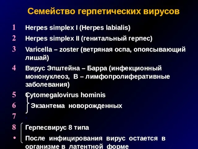 Семейство герпетических вирусов Herpes simplex I (Herpes labialis) Herpes simplex II (генитальный