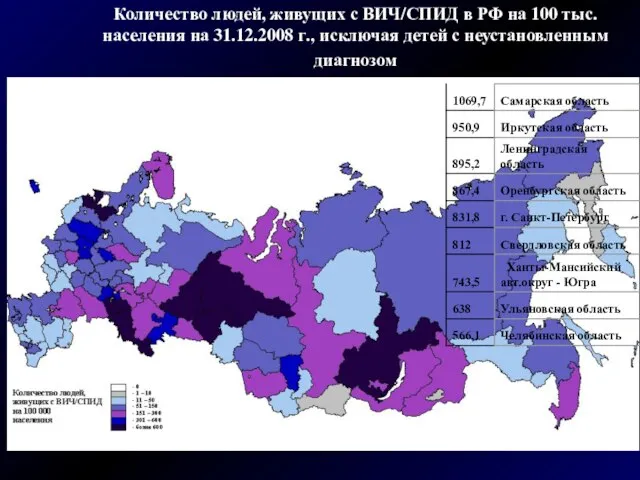 Количество людей, живущих с ВИЧ/СПИД в РФ на 100 тыс. населения на