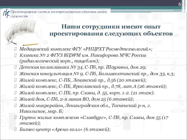 Наши сотрудники имеют опыт проектирования следующих объектов Медицинский комплекс ФГУ «РНЦРХТ Росмедтехнологий»;