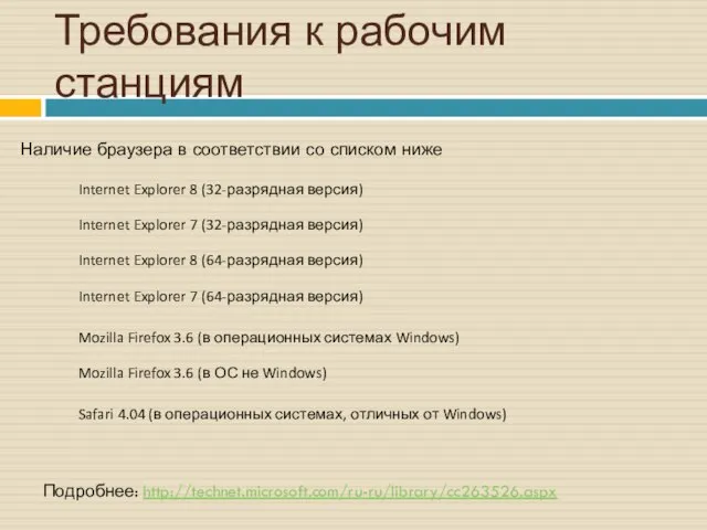 Требования к рабочим станциям Наличие браузера в соответствии со списком ниже Подробнее: http://technet.microsoft.com/ru-ru/library/cc263526.aspx