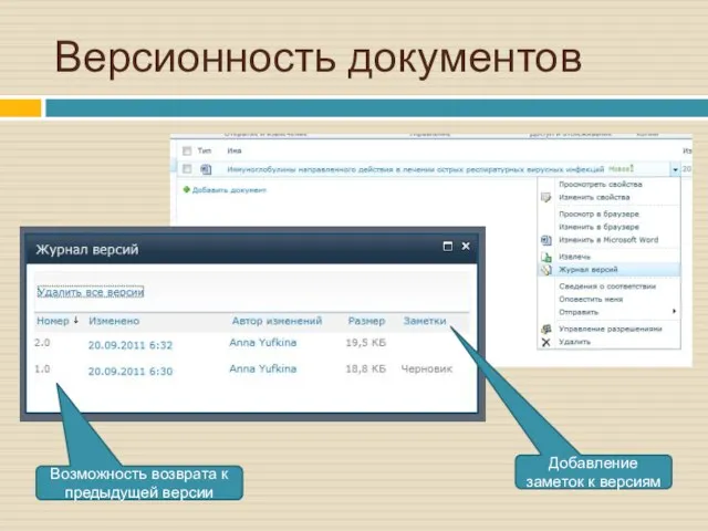 Версионность документов Возможность возврата к предыдущей версии Добавление заметок к версиям