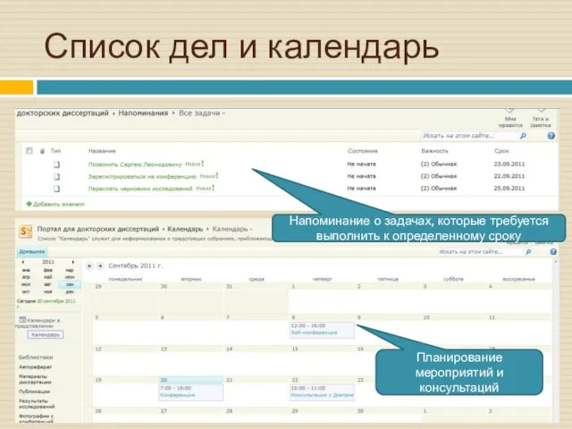 Список дел и календарь Напоминание о задачах, которые требуется выполнить к определенному