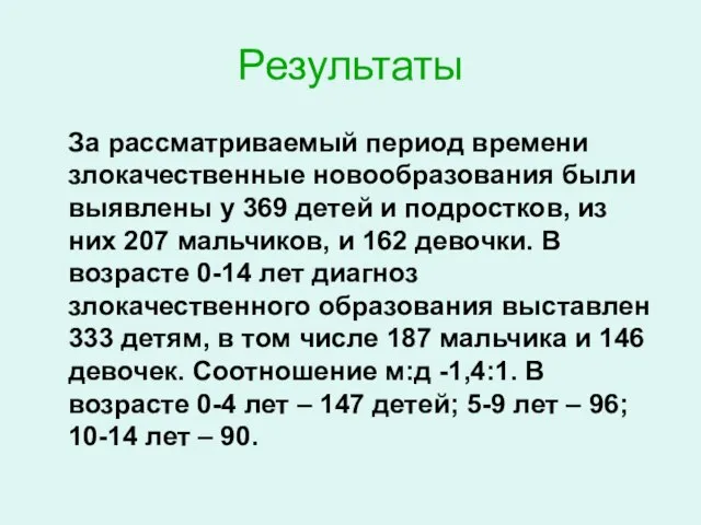 Результаты За рассматриваемый период времени злокачественные новообразования были выявлены у 369 детей