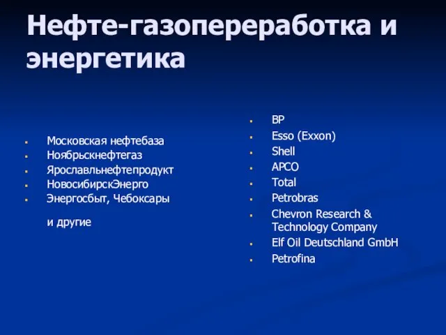 Нефте-газопереработка и энергетика Московская нефтебаза Ноябрьскнефтегаз Ярославльнефтепродукт НовосибирскЭнерго Энергосбыт, Чебоксары и другие