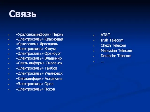 Связь «Уралсвязьинформ» Пермь «Электросвязь» Краснодар «Яртелеком» Ярославль «Электросвязь» Калуга «Электросвязь» Оренбург «Электросвязь»
