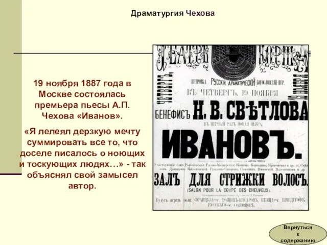 19 ноября 1887 года в Москве состоялась премьера пьесы А.П. Чехова «Иванов».