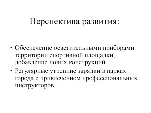 Перспектива развития: Обеспечение осветительными приборами территории спортивной площадки, добавление новых конструкций. Регулярные